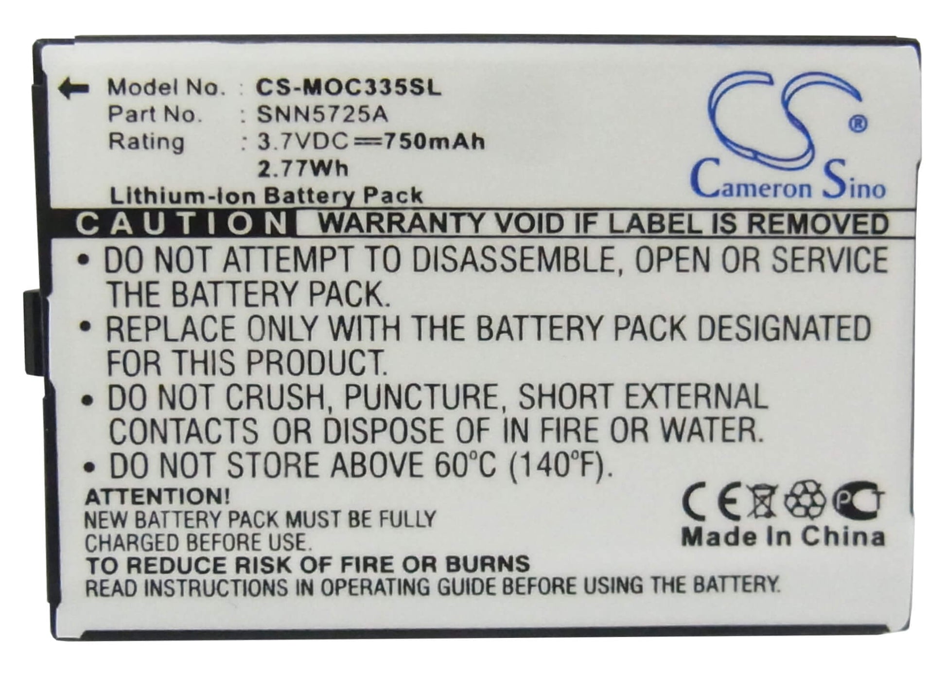 3.7V, 750mAh, Li-ion Battery fits Motorola, C300, C335, 2.775Wh