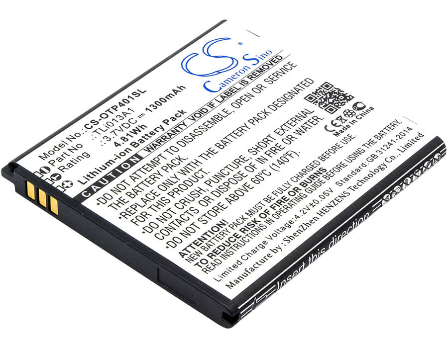 3.7V, 1300mAh, Li-ion Battery fits Alcatel, One Touch Pixi 4 3.5, Ot-4017, 4.81Wh