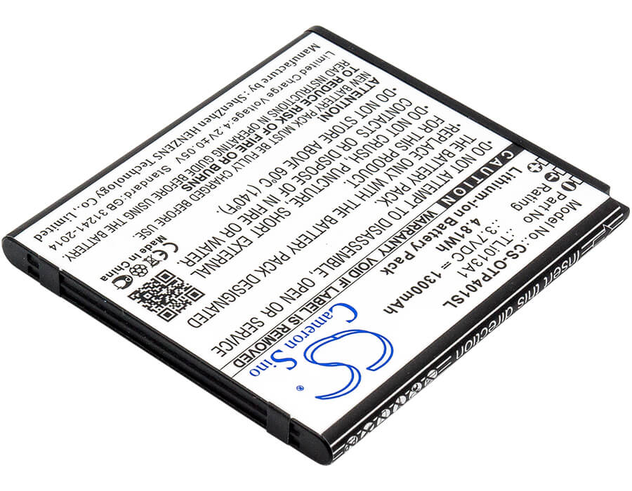 3.7V, 1300mAh, Li-ion Battery fits Alcatel, One Touch Pixi 4 3.5, Ot-4017, 4.81Wh