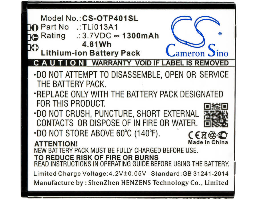 3.7V, 1300mAh, Li-ion Battery fits Alcatel, One Touch Pixi 4 3.5, Ot-4017, 4.81Wh