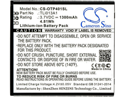 3.7V, 1300mAh, Li-ion Battery fits Alcatel, One Touch Pixi 4 3.5, Ot-4017, 4.81Wh