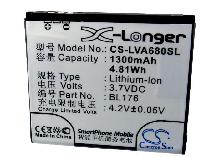3.7V, 1300mAh, Li-ion Battery fits Lenovo, A68e, 4.81Wh