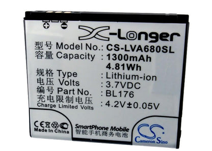 3.7V, 1300mAh, Li-ion Battery fits Lenovo, A68e, 4.81Wh