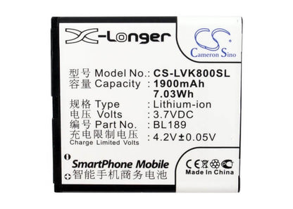 3.7V, 1900mAh, Li-ion Battery fits Lenovo, K800, 7.03Wh