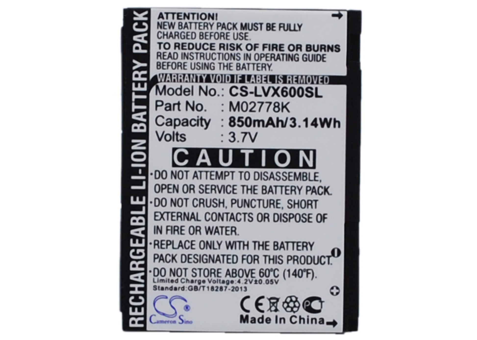 3.7V, 850mAh, Li-ion Battery fits Sprint, Lotus Lx600, Lx600, 3.145Wh