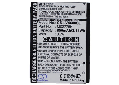 3.7V, 850mAh, Li-ion Battery fits Sprint, Lotus Lx600, Lx600, 3.145Wh