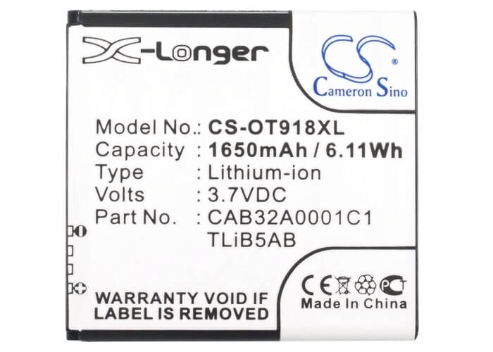 3.7V, 1650mAh, Li-ion Battery fits Alcatel, One Touch 918 Mix, Ot-918 Mix, 6.105Wh