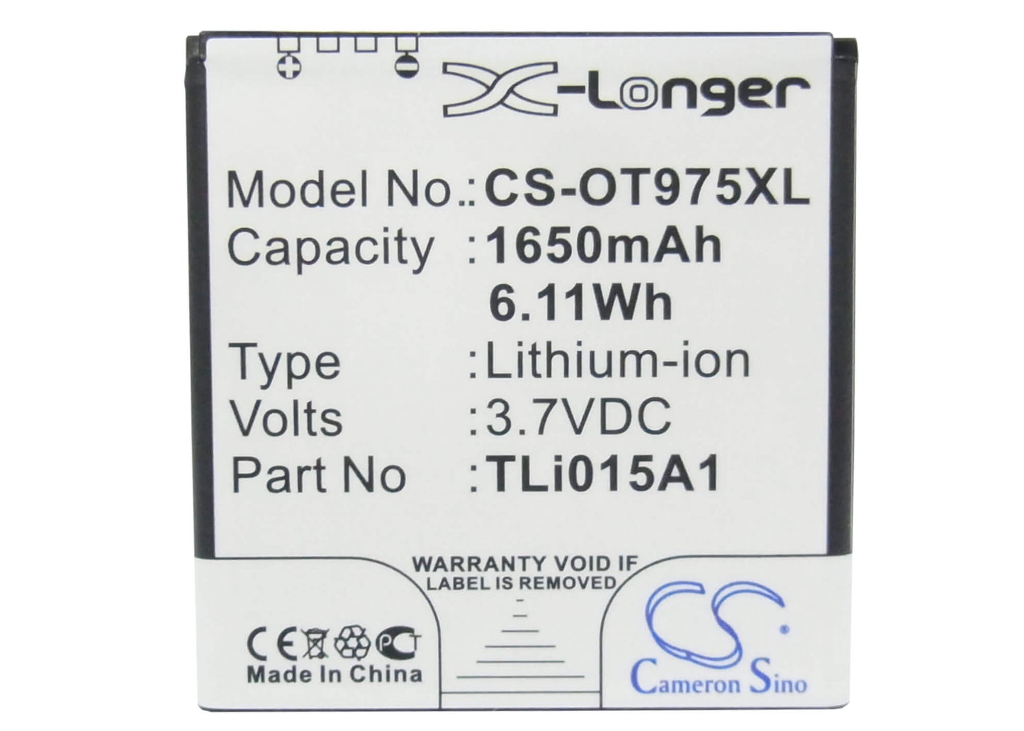 3.7V, 1650mAh, Li-ion Battery fits Alcatel, One Touch 975, One Touch 975n, 6.105Wh