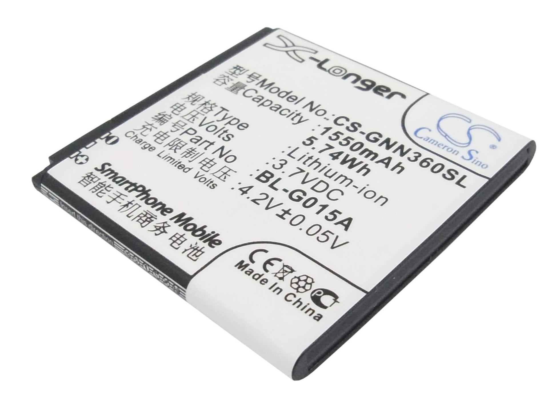 3.7V, 1550mAh, Li-ion Battery fits Gionee, Gn108, Gn205h, 5.735Wh