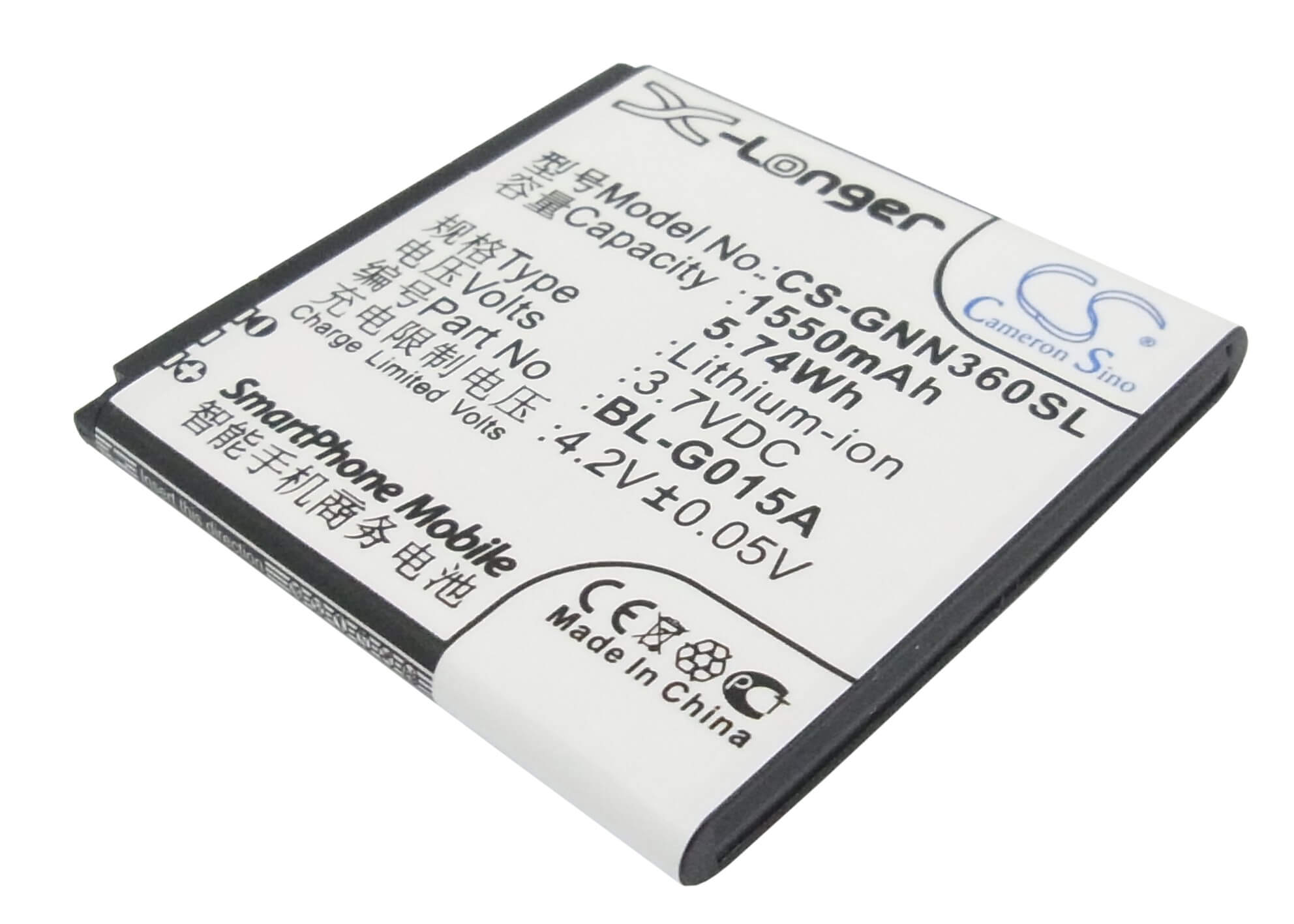 3.7V, 1550mAh, Li-ion Battery fits Gionee, Gn108, Gn205h, 5.735Wh