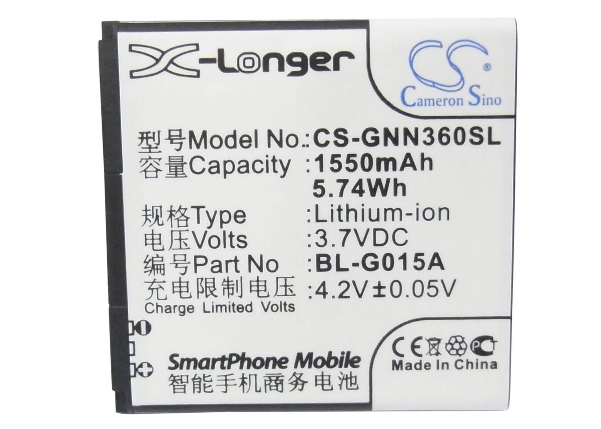 3.7V, 1550mAh, Li-ion Battery fits Gionee, Gn108, Gn205h, 5.735Wh