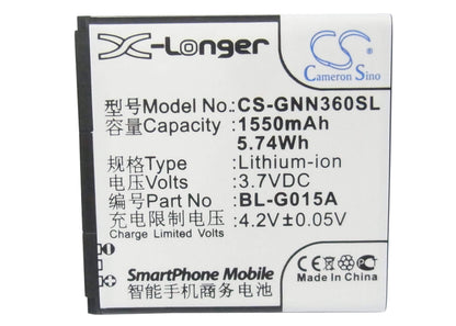 3.7V, 1550mAh, Li-ion Battery fits Gionee, Gn108, Gn205h, 5.735Wh