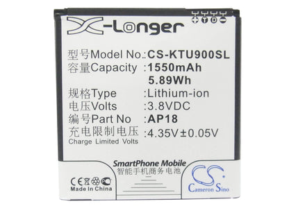 3.8V, 1550mAh, Li-ion Battery fits K-touch, U9, 5.89Wh