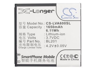 3.7V, 1650mAh, Li-ion Battery fits Lenovo, A60+, 6.105Wh
