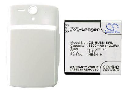 White, 3.7V, 3600mAh, Li-ion Battery fits Huawei, Ascend U8815, U8815, 13.32Wh