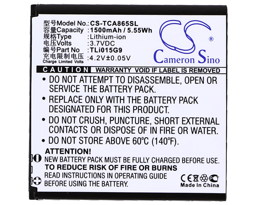 3.7V, 1500mAh, Li-ion Battery fits Tcl, A865, J320c, 5.55Wh