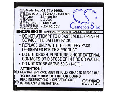 3.7V, 1500mAh, Li-ion Battery fits Tcl, A865, J320c, 5.55Wh