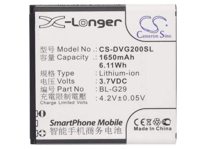 3.7V, 1650mAh, Li-ion Battery fits Doov, D200t, D210t, 6.105Wh