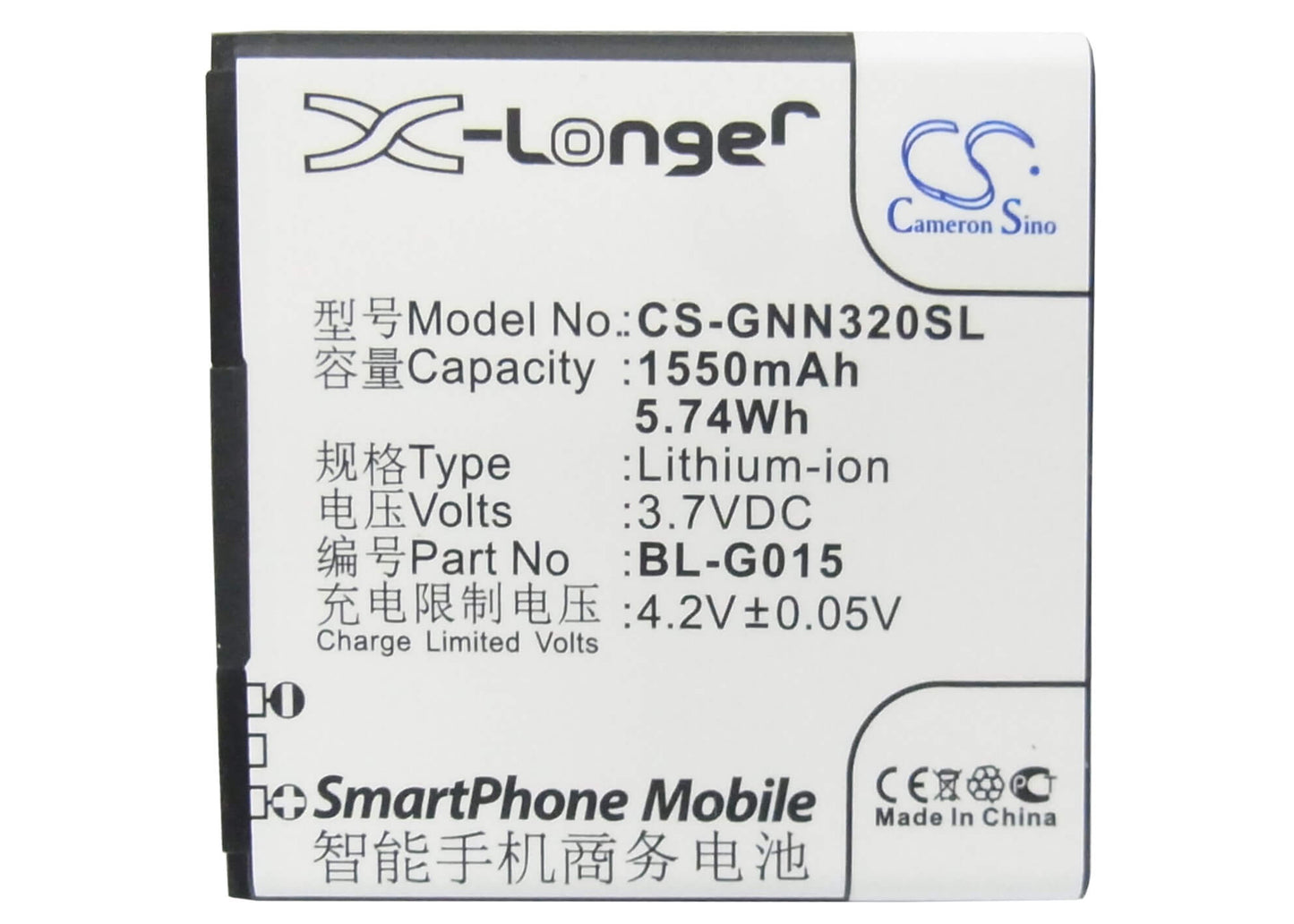3.7V, 1550mAh, Li-ion Battery fits Gionee, Gn205, Gn320, 5.735Wh