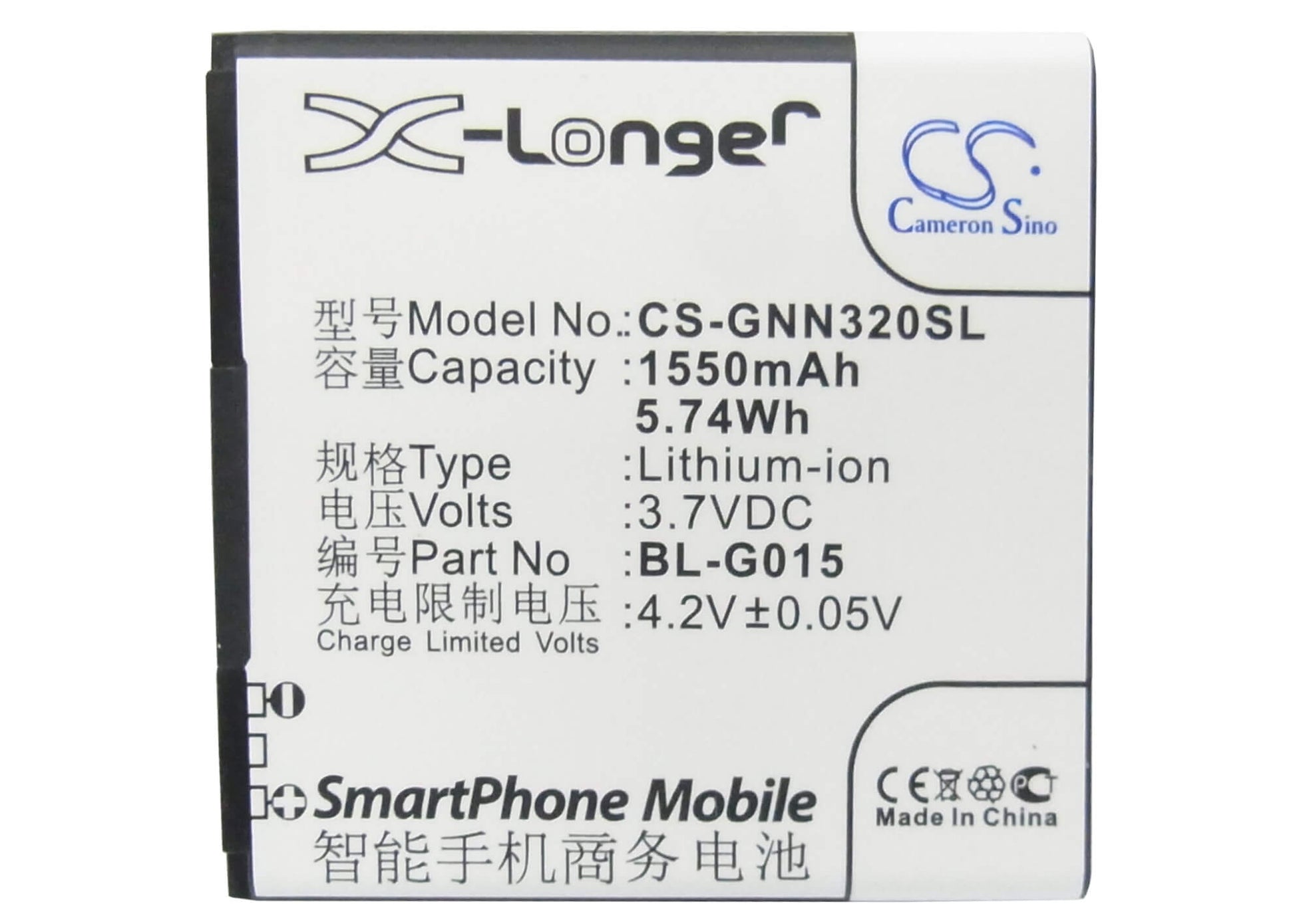3.7V, 1550mAh, Li-ion Battery fits Gionee, Gn205, Gn320, 5.735Wh