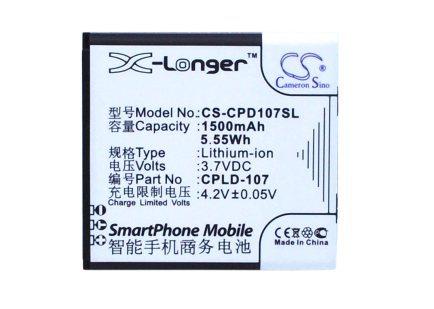3.7V, 1500mAh, Li-ion Battery fits Coolpad, 5108, 5109, 5.55Wh