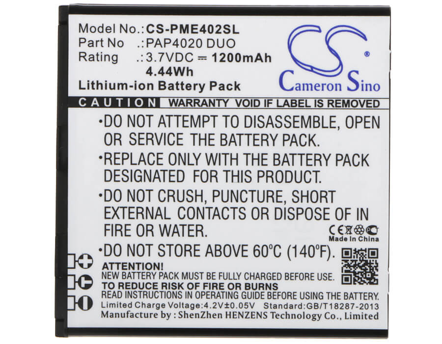 3.7V, 1200mAh, Li-ion Battery fits Prestigio, Multiphone 4025 Duo, 4.44Wh