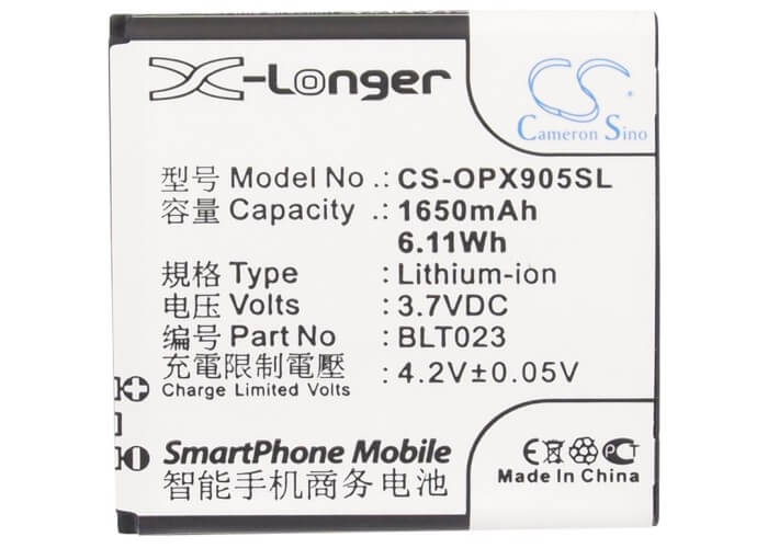 3.7V, 1650mAh, Li-ion Battery fits Oppo, A91, R807, 6.105Wh