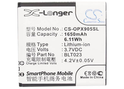 3.7V, 1650mAh, Li-ion Battery fits Oppo, A91, R807, 6.105Wh