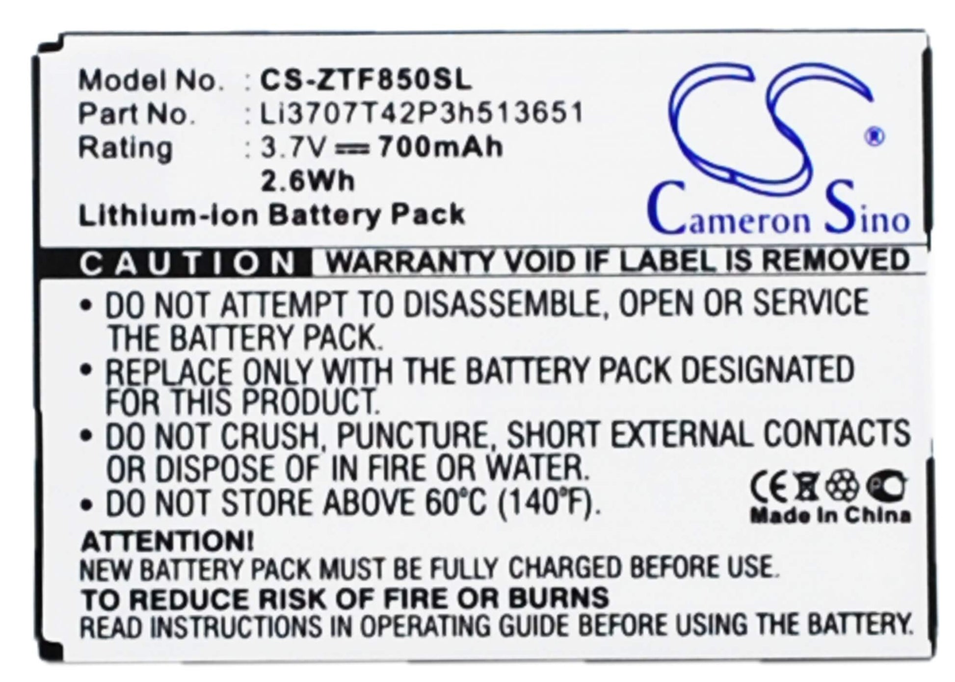 3.7V, 700mAh, Li-ion Battery fits Zte, F252, F256, 2.59Wh