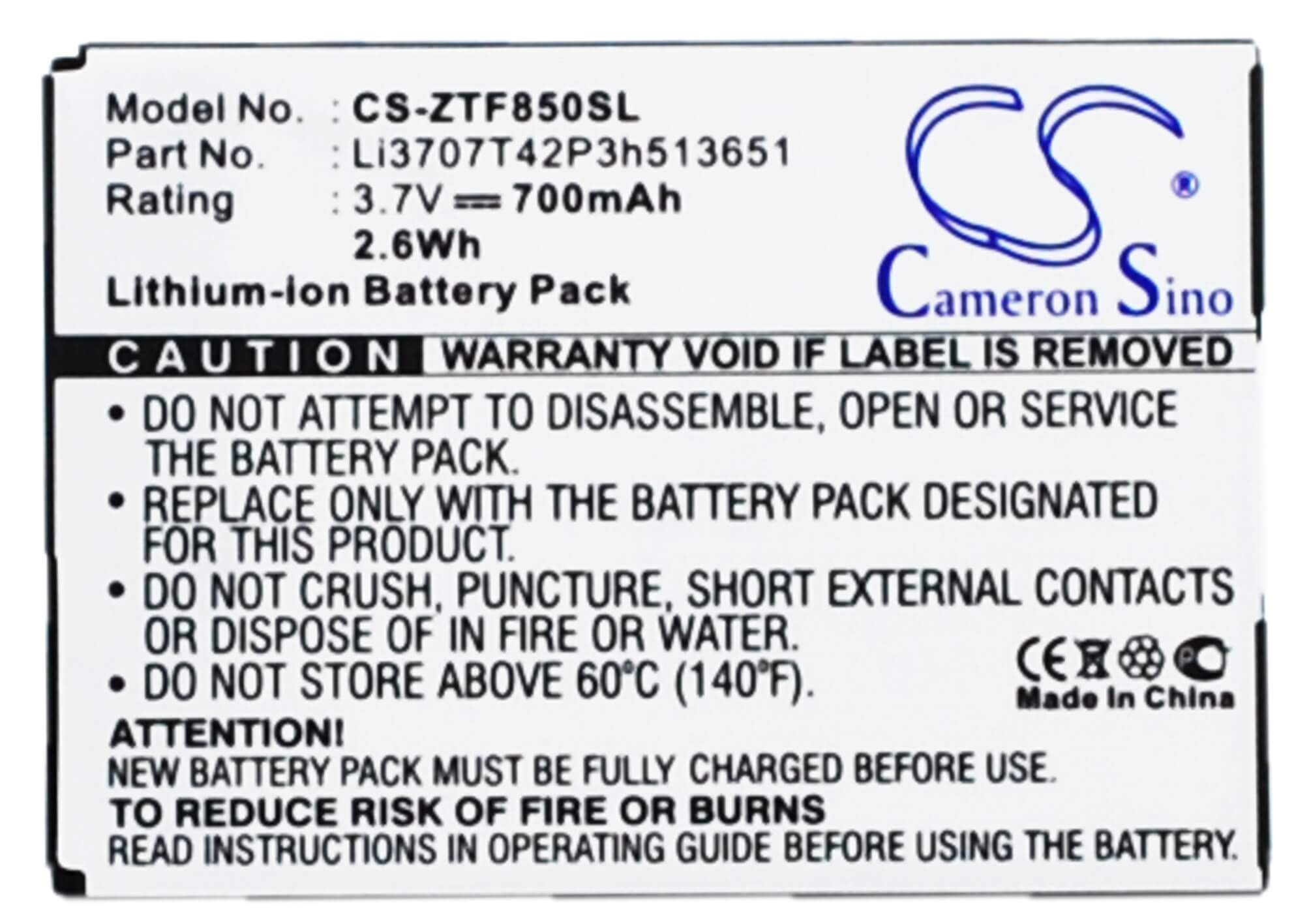 3.7V, 700mAh, Li-ion Battery fits Zte, F252, F256, 2.59Wh
