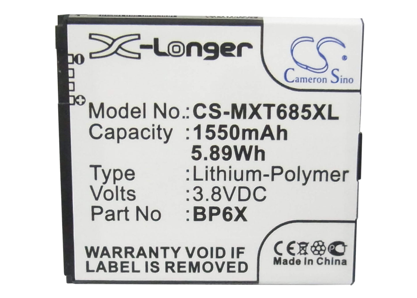3.8V, 1550mAh, Li-Polymer Battery fits Motorola, Motosmart Plus, Pro, 5.89Wh