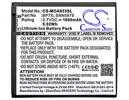 3.7V, 1600mAh, Li-ion Battery fits Motorola, A855 Sholes Android, A954, 5.92Wh