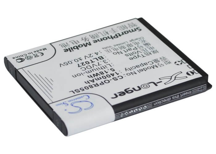 3.7V, 1400mAh, Li-ion Battery fits Oppo, R803, R805, 5.18Wh