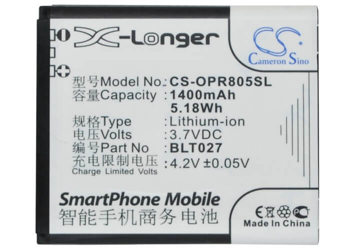 3.7V, 1400mAh, Li-ion Battery fits Oppo, R803, R805, 5.18Wh