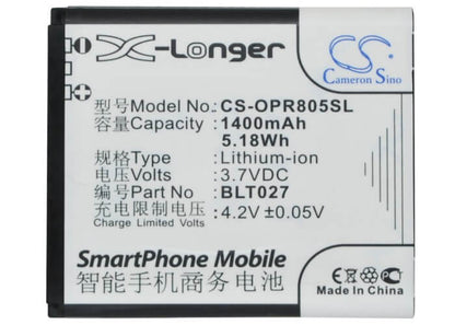 3.7V, 1400mAh, Li-ion Battery fits Oppo, R803, R805, 5.18Wh