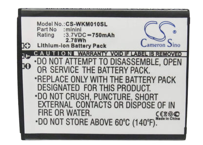 3.7V, 750mAh, Li-ion Battery fits Wiko, Minimi, 2.775Wh