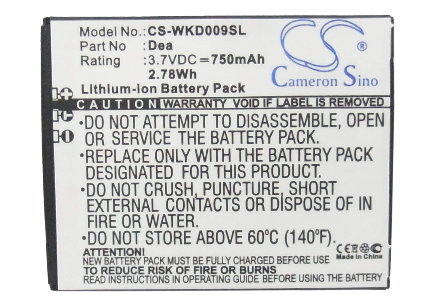 3.7V, 750mAh, Li-ion Battery fits Wiko, Dea, 2.775Wh