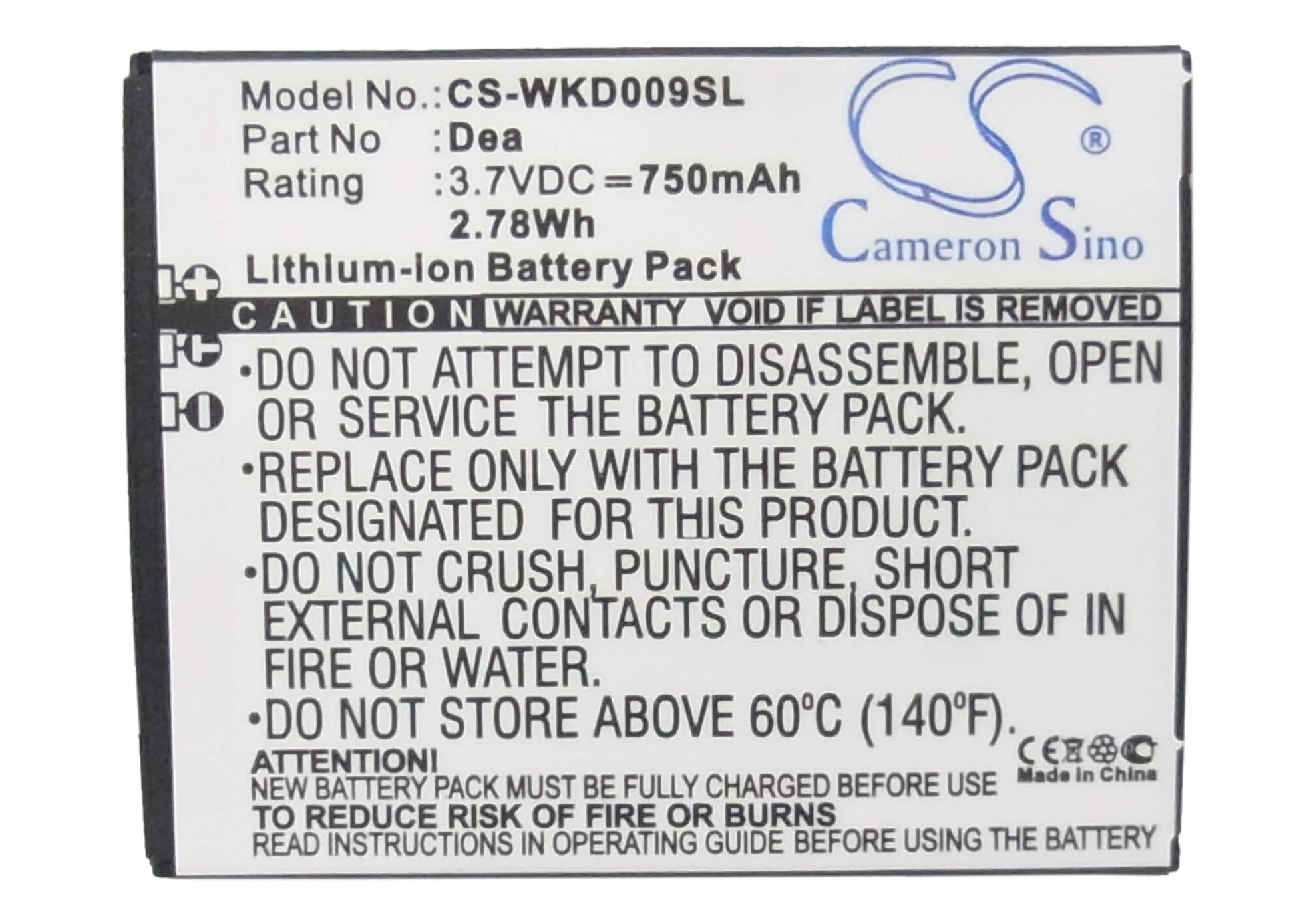 3.7V, 750mAh, Li-ion Battery fits Wiko, Dea, 2.775Wh