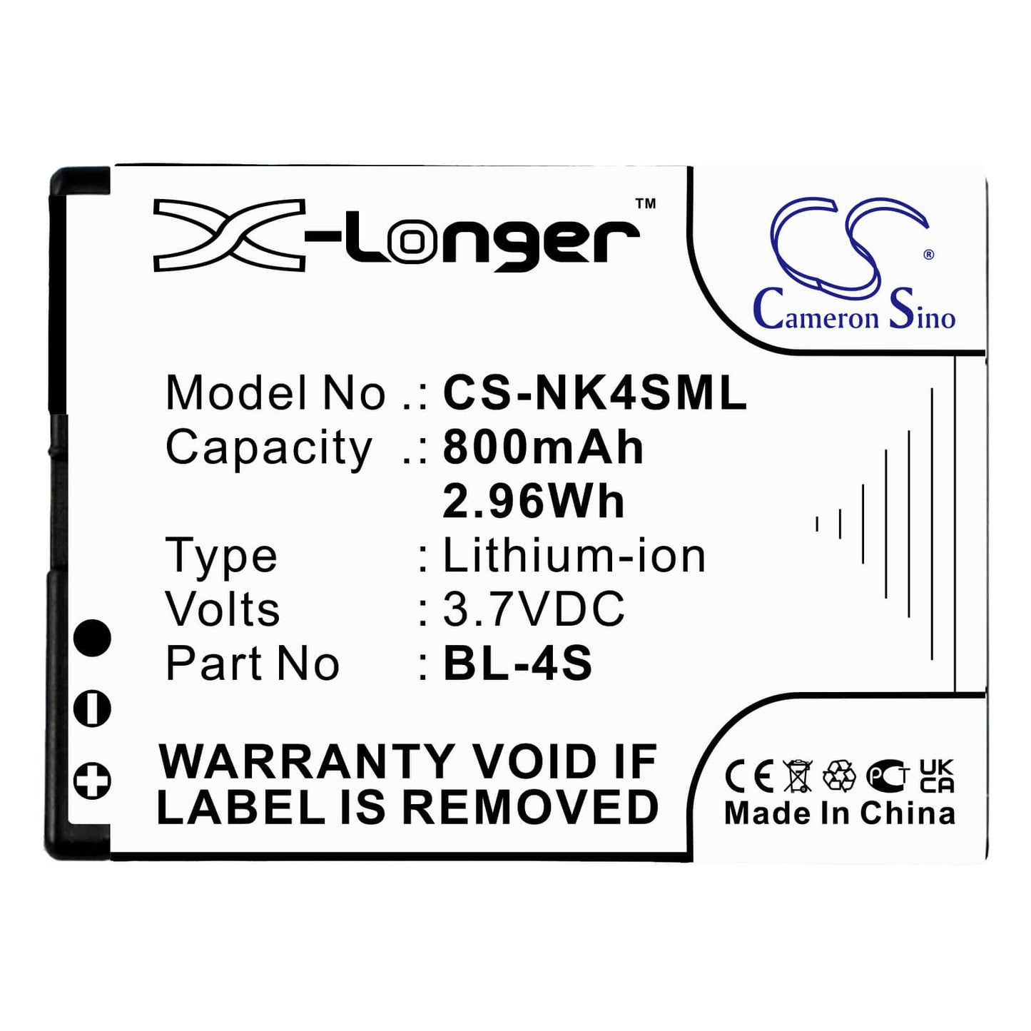 3.7V, 800mAh, Li-ion Battery fits Nokia, 2680, 2680 Slide, 2.96Wh