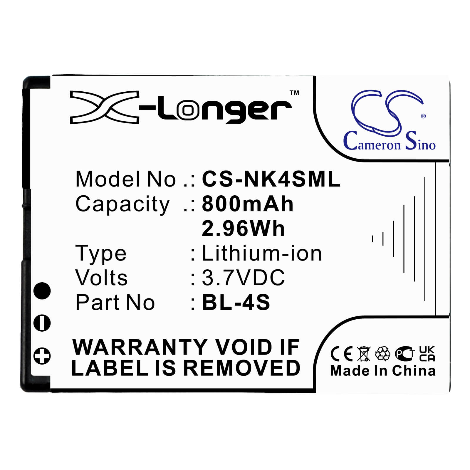3.7V, 800mAh, Li-ion Battery fits Nokia, 2680, 2680 Slide, 2.96Wh