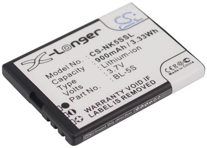 3.7V, 900mAh, Li-ion Battery fits Nokia, 2330, 2330 Classic, 3.33Wh