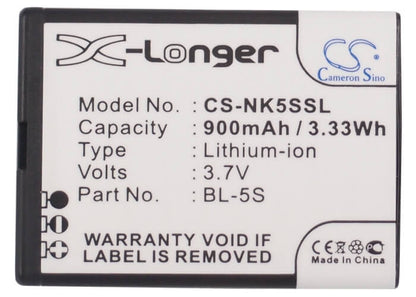 3.7V, 900mAh, Li-ion Battery fits Nokia, 2330, 2330 Classic, 3.33Wh