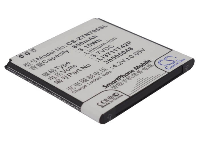 3.7V, 850mAh, Li-ion Battery fits Zte, N795, U791, 3.145Wh