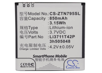 3.7V, 850mAh, Li-ion Battery fits Zte, N795, U791, 3.145Wh