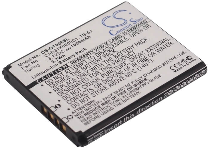 3.7V, 1000mAh, Li-ion Battery fits Alcatel, One Touch 906, Ot-906, 3.7Wh