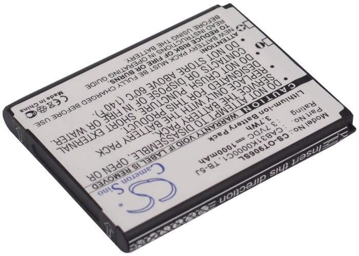 3.7V, 1000mAh, Li-ion Battery fits Alcatel, One Touch 906, Ot-906, 3.7Wh