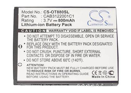 3.7V, 800mAh, Li-ion Battery fits T-mobile, 875, One Touch 875, 2.96Wh