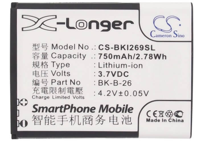3.7V, 750mAh, Li-ion Battery fits Bbk, I188, I269, 2.775Wh