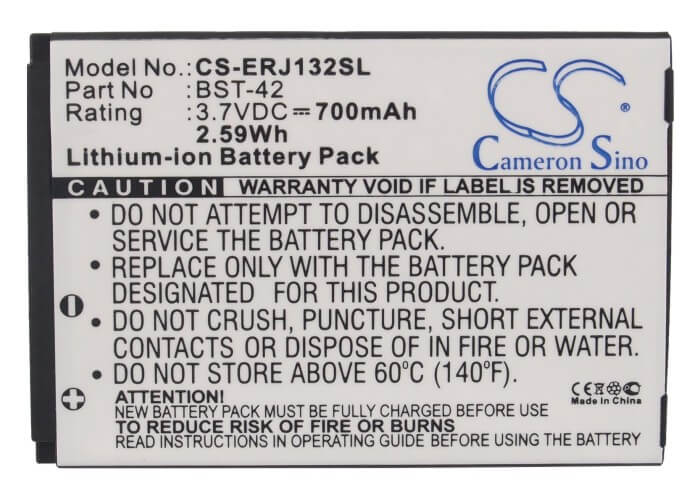 3.7V, 700mAh, Li-ion Battery fits Sony Ericsson, J132, J132i, 2.59Wh