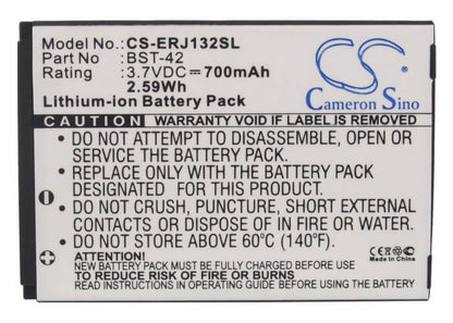 3.7V, 700mAh, Li-ion Battery fits Sony Ericsson, J132, J132i, 2.59Wh